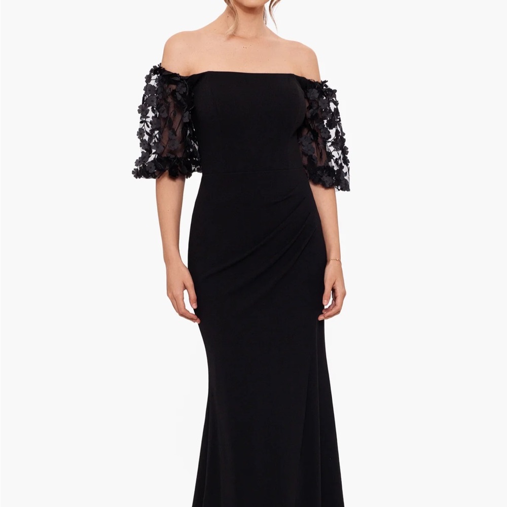 XSCAPE Formal Black Long Dress with floral sleeves. Petite. Crafted in the USA
